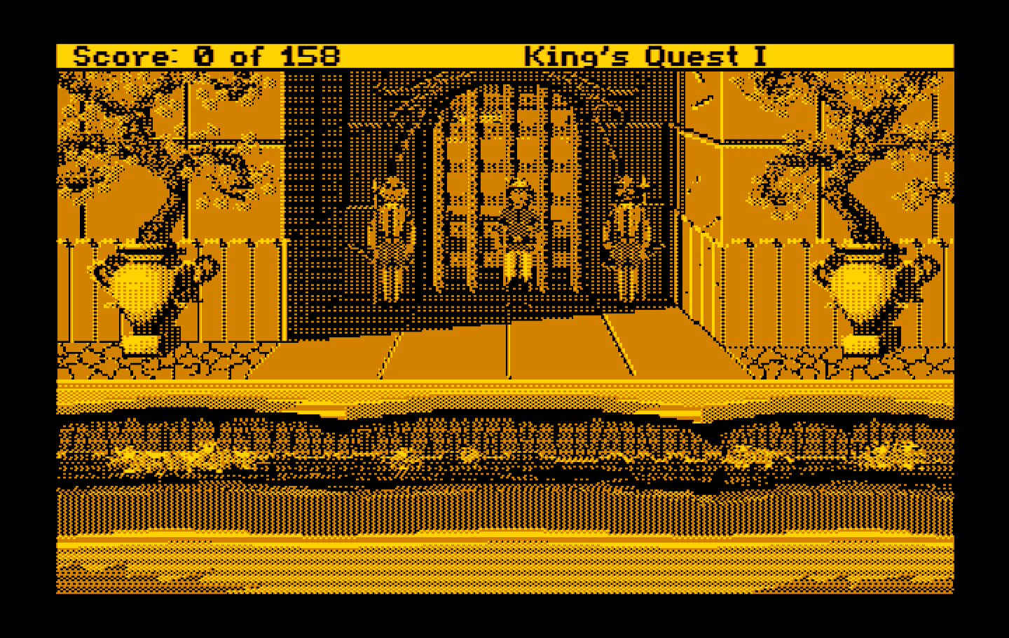 Roberta Williams' King's Quest I: Quest for the Crown IBM PC/Compatibles Screenshot: The game begins here, just outside the castle.