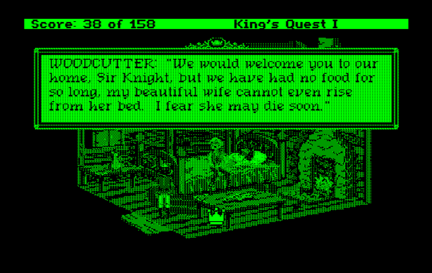 Roberta Williams' King's Quest I: Quest for the Crown IBM PC/Compatibles Screenshot: Times have been tough for the woodcutter.