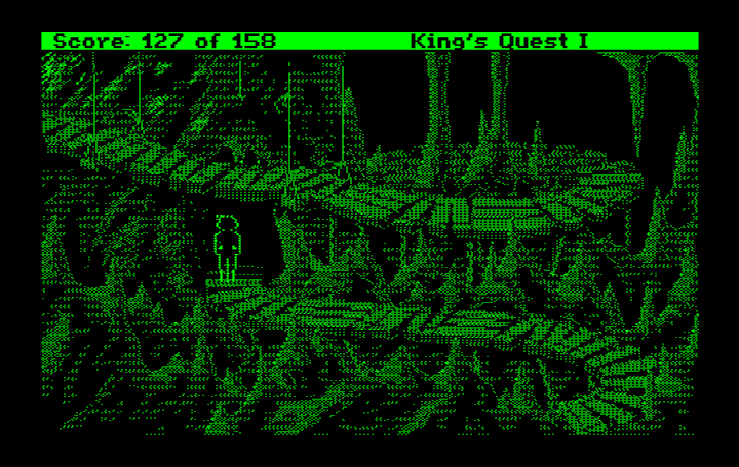 Roberta Williams' King's Quest I: Quest for the Crown IBM PC/Compatibles Screenshot: A magic ring made me invisible, now I need to escape by going down this long path.