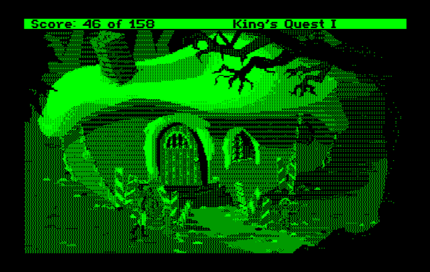 Roberta Williams' King's Quest I: Quest for the Crown IBM PC/Compatibles Screenshot: A gingerbread house; be careful, a mean old witch lives here!