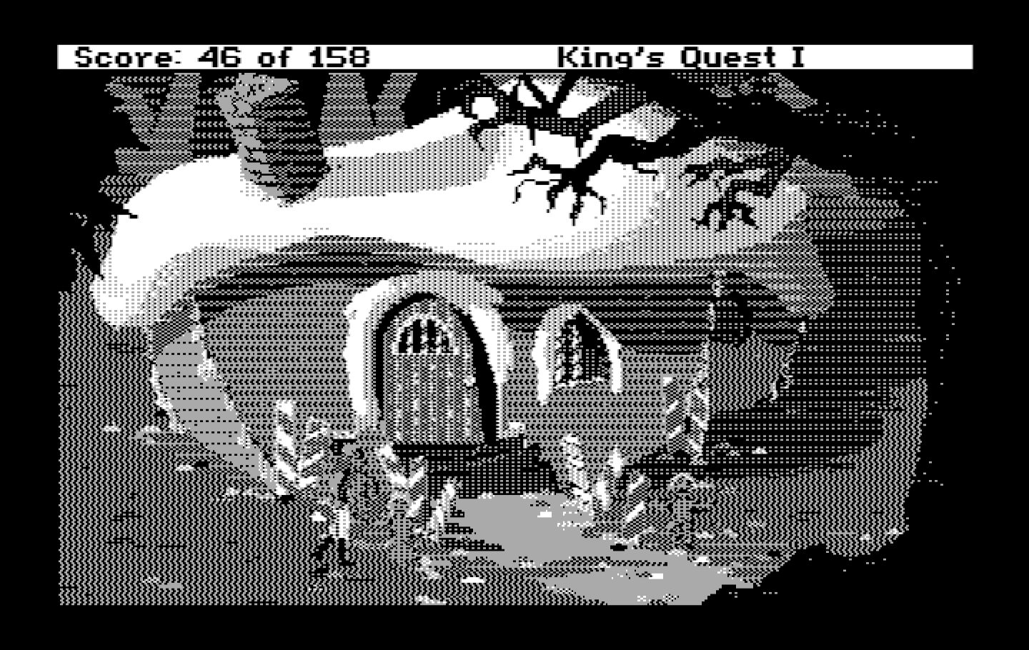 Roberta Williams' King's Quest I: Quest for the Crown IBM PC/Compatibles Screenshot: A gingerbread house; be careful, a mean old witch lives here!