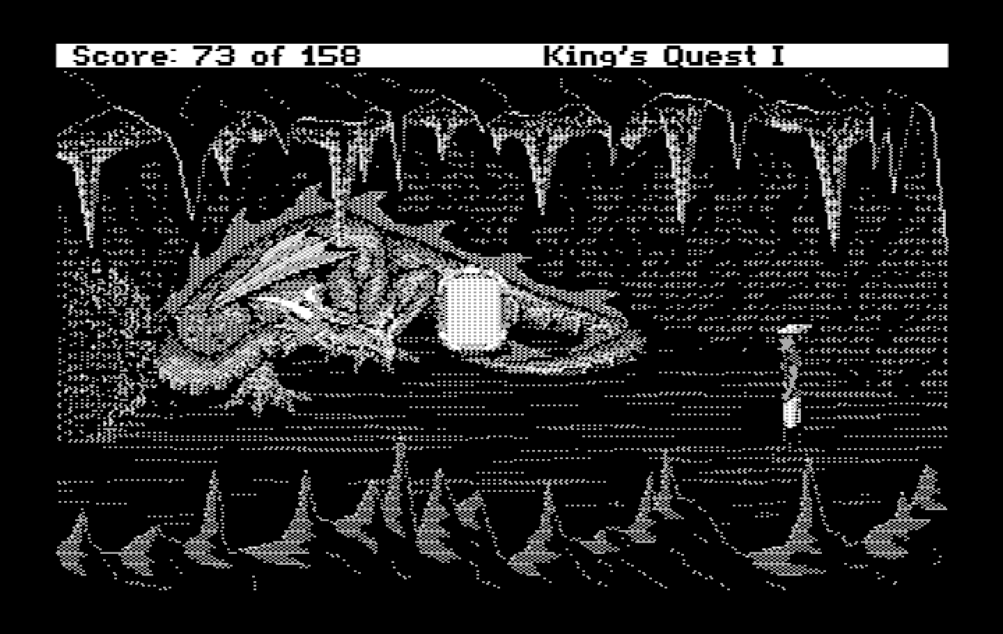 Roberta Williams' King's Quest I: Quest for the Crown IBM PC/Compatibles Screenshot: A dragon guards the magic mirror!