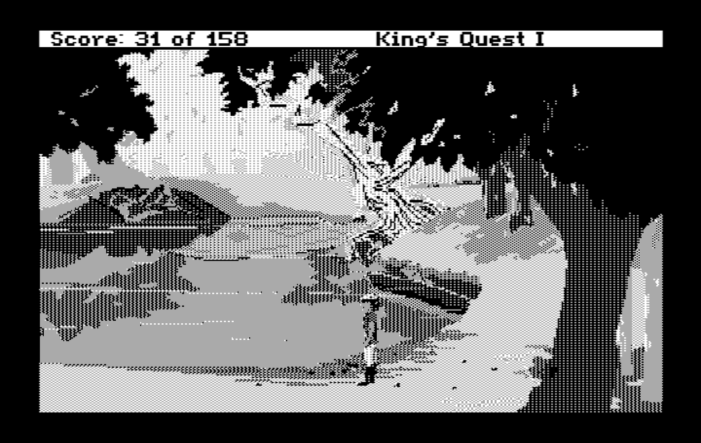 Roberta Williams' King's Quest I: Quest for the Crown IBM PC/Compatibles Screenshot: By a lake; anything of importance here?