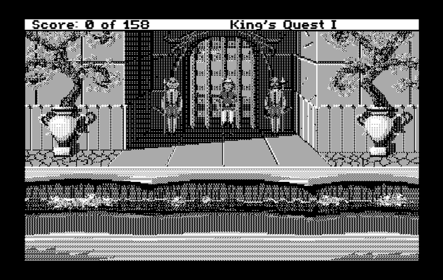 Roberta Williams' King's Quest I: Quest for the Crown IBM PC/Compatibles Screenshot: The game begins here, just outside the castle.
