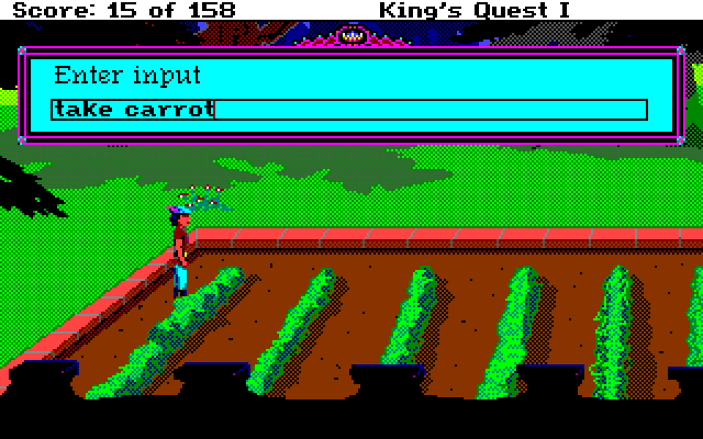 Roberta Williams' King's Quest I: Quest for the Crown Amiga Screenshot: Why not take a carrot? Could come in handy later...