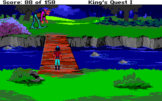 Roberta Williams' King's Quest I: Quest for the Crown Amiga Screenshot: A mean, old troll guards this bridge.