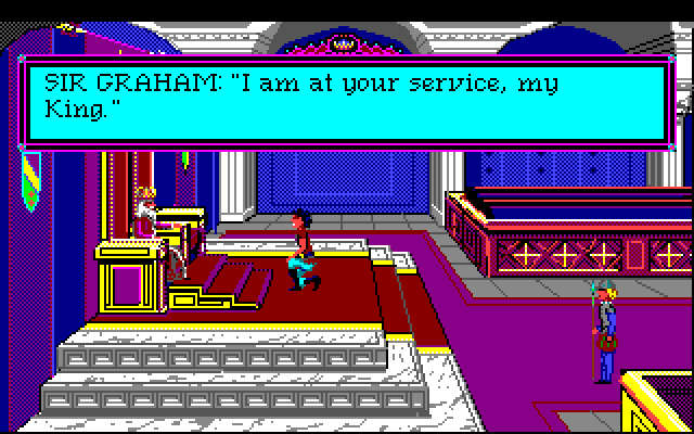 Roberta Williams' King's Quest I: Quest for the Crown Amiga Screenshot: Introduction; the king will inform you of your quest!