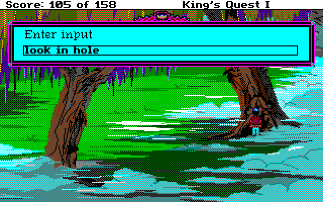 Roberta Williams' King's Quest I: Quest for the Crown Amiga Screenshot: Checking out this suspicious hole to see if anything is there...