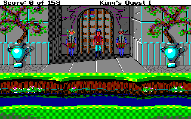 Roberta Williams' King's Quest I: Quest for the Crown Amiga Screenshot: The game begins here, just outside the castle.