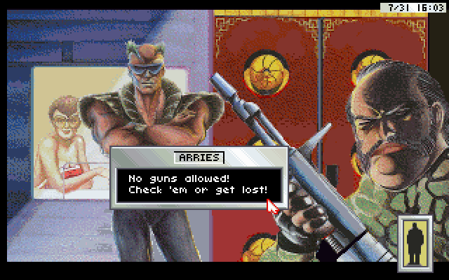 Rise of the Dragon IBM PC/Compatibles Screenshot: You'll need to hand over your gun before you can get in.