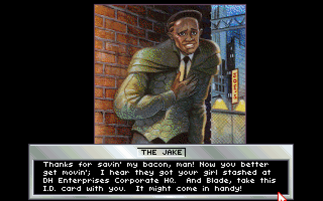 Rise of the Dragon IBM PC/Compatibles Screenshot: End of the arcade sequence; The Jake is safe!
