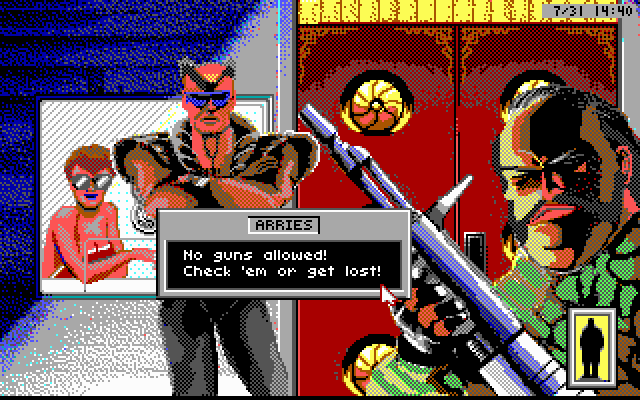 Rise of the Dragon IBM PC/Compatibles Screenshot: I'm not allowed in with my gun.