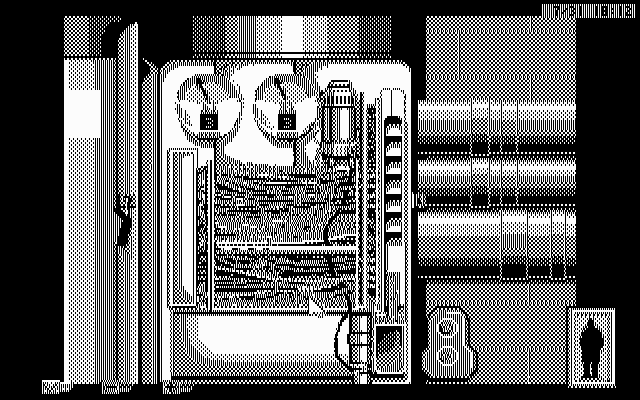 Rise of the Dragon IBM PC/Compatibles Screenshot: Can I place a wire tap here? This is tougher in the black & white versions...