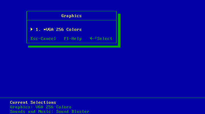 Rise of the Dragon IBM PC/Compatibles Screenshot: Graphics card selection (256 color version).