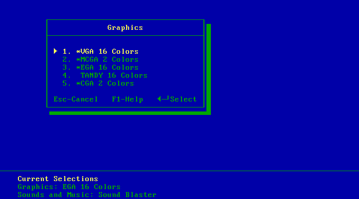 Rise of the Dragon IBM PC/Compatibles Screenshot: Graphics card selection (16 color version).