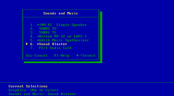 Rise of the Dragon IBM PC/Compatibles Screenshot: Sound card selection (16 color version).