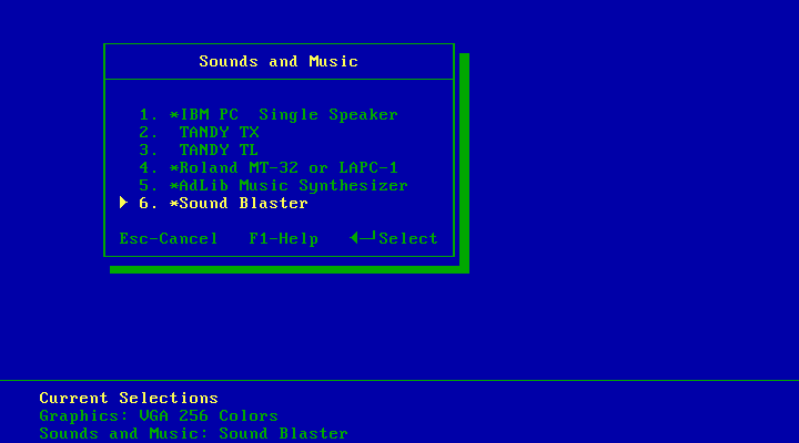 Rise of the Dragon IBM PC/Compatibles Screenshot: Sound card selection (256 color version).