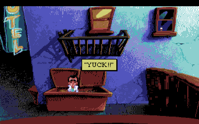 Leisure Suit Larry 1: In the Land of the Lounge Lizards Amiga Screenshot: Larry fell into a dumpster... yuck!