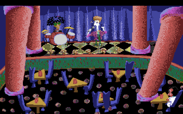 Leisure Suit Larry 1: In the Land of the Lounge Lizards Amiga Screenshot: Grab a seat, and listen to the worst comedy you've ever heard!