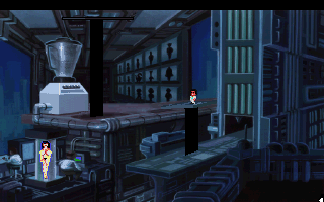 Leisure Suit Larry 1: In the Land of the Lounge Lizards IBM PC/Compatibles Screenshot: One of several possible deaths where a gag "behind the scenes" view shows the character being regenerated...