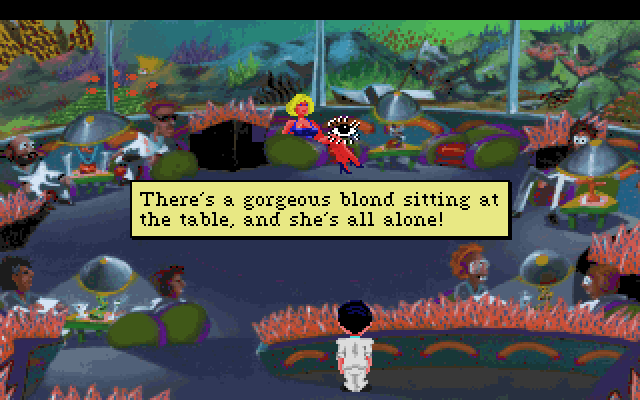 Leisure Suit Larry 1: In the Land of the Lounge Lizards IBM PC/Compatibles Screenshot: Hmm, there's an interesting girl here!