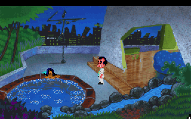 Leisure Suit Larry 1: In the Land of the Lounge Lizards IBM PC/Compatibles Screenshot: Hmm, who's that in the hot tub?