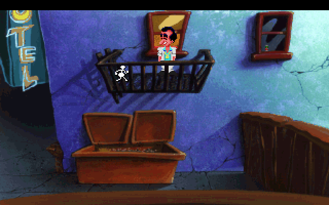 Leisure Suit Larry 1: In the Land of the Lounge Lizards IBM PC/Compatibles Screenshot: Climbing out the window; how do I get down from here?