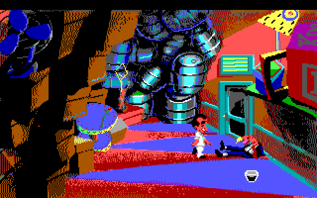 Leisure Suit Larry 1: In the Land of the Lounge Lizards IBM PC/Compatibles Screenshot: Talking with the drunk in the back of the bar.