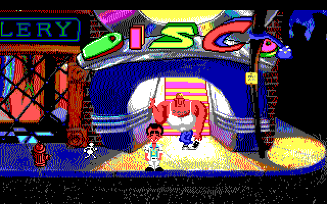 Leisure Suit Larry 1: In the Land of the Lounge Lizards IBM PC/Compatibles Screenshot: This guy won't let me in the disco...