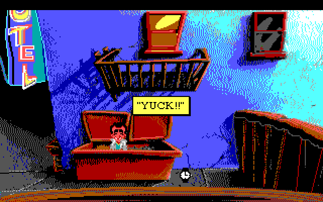Leisure Suit Larry 1: In the Land of the Lounge Lizards IBM PC/Compatibles Screenshot: Yuck! I fell in the dumpster.