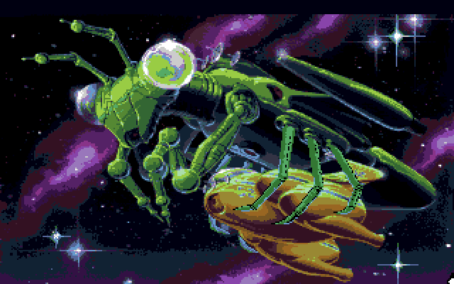 Space Quest I: Roger Wilco in the Sarien Encounter Amiga Screenshot: The game starts here with the Arcada under attack by the Sariens.