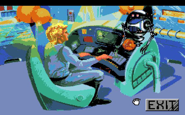 Space Quest I: Roger Wilco in the Sarien Encounter Amiga Screenshot: Use the computer to retrieve a useful data cartridge.