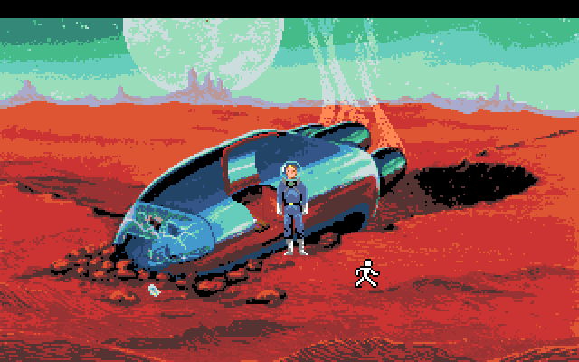 Space Quest I: Roger Wilco in the Sarien Encounter Amiga Screenshot: Crash landed in the middle of the desert...