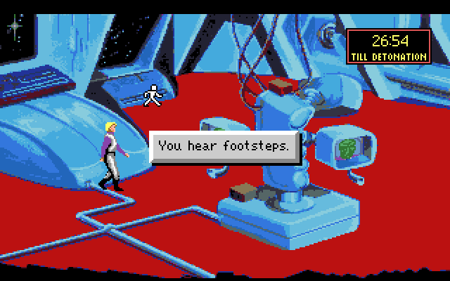 Space Quest I: Roger Wilco in the Sarien Encounter Amiga Screenshot: I hear footsteps...I better hide fast!