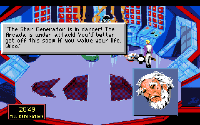 Space Quest I: Roger Wilco in the Sarien Encounter Amiga Screenshot: Talking to an injured crew member.