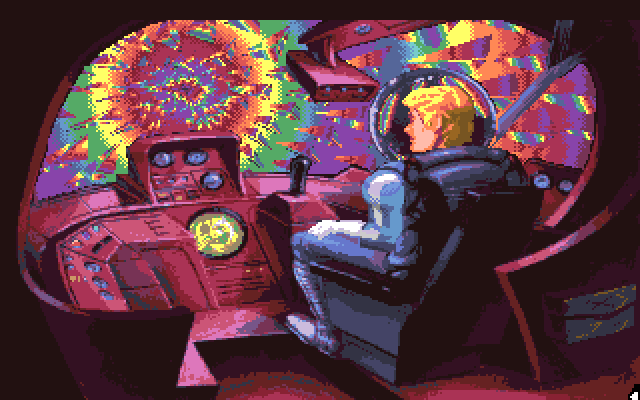 Space Quest I: Roger Wilco in the Sarien Encounter Amiga Screenshot: Traveling to my destination has a neat colorful effect.