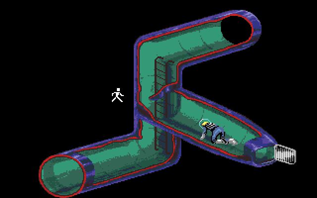 Space Quest I: Roger Wilco in the Sarien Encounter Amiga Screenshot: Crawling through the airducts.