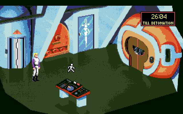 Space Quest I: Roger Wilco in the Sarien Encounter Amiga Screenshot: There's a control panel here, some doors, and plenty of things to click on...