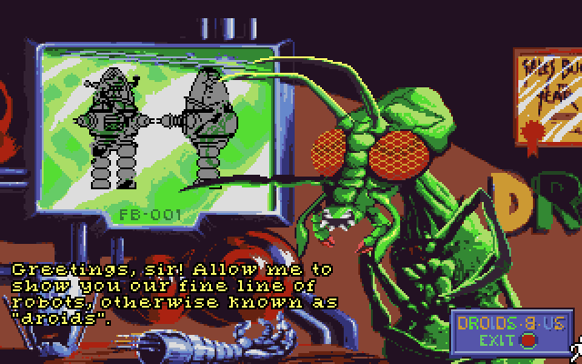 Space Quest I: Roger Wilco in the Sarien Encounter Amiga Screenshot: There are several droids to choose from, make sure you get the right one!