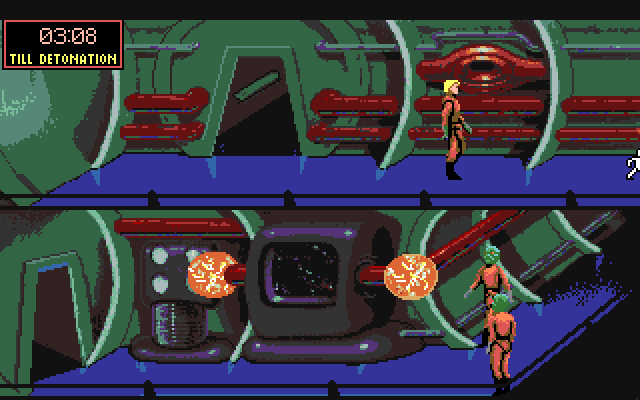 Space Quest I: Roger Wilco in the Sarien Encounter Amiga Screenshot: Lost my helmet; now the Sariens will shoot first and ask questions later.