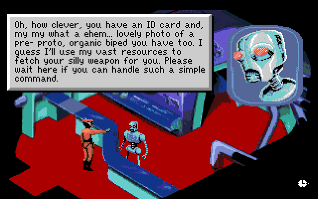 Space Quest I: Roger Wilco in the Sarien Encounter Amiga Screenshot: Using a fake ID to acquire some items.