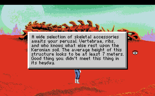 Space Quest I: Roger Wilco in the Sarien Encounter Amiga Screenshot: A description of the large skeleton in the background.