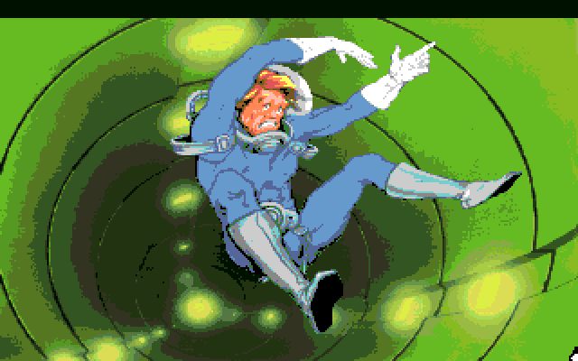 Space Quest I: Roger Wilco in the Sarien Encounter Amiga Screenshot: Falling down an elevator shaft!