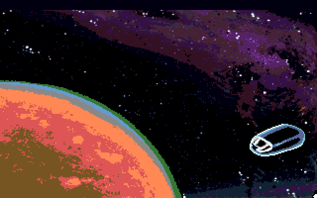 Space Quest I: Roger Wilco in the Sarien Encounter Amiga Screenshot: Heading towards planet Kerona.