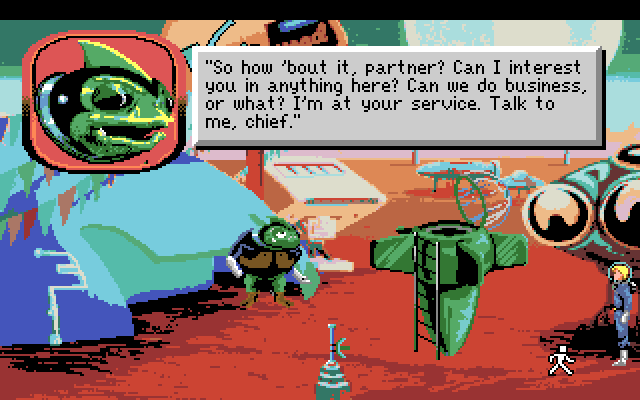 Space Quest I: Roger Wilco in the Sarien Encounter Amiga Screenshot: The local used spaceship salesman.