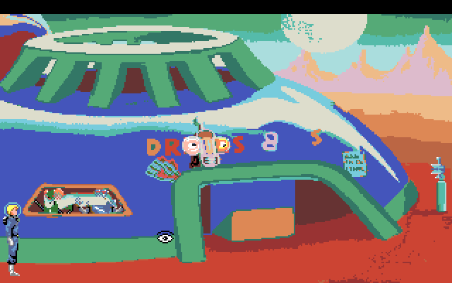 Space Quest I: Roger Wilco in the Sarien Encounter Amiga Screenshot: Outside the Droids B Us.