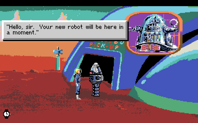Space Quest I: Roger Wilco in the Sarien Encounter Amiga Screenshot: Picking up my newly purchased droid.