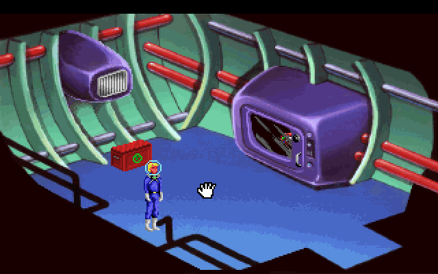 Space Quest I: Roger Wilco in the Sarien Encounter IBM PC/Compatibles Screenshot: Hmm, how do I get out of this room?