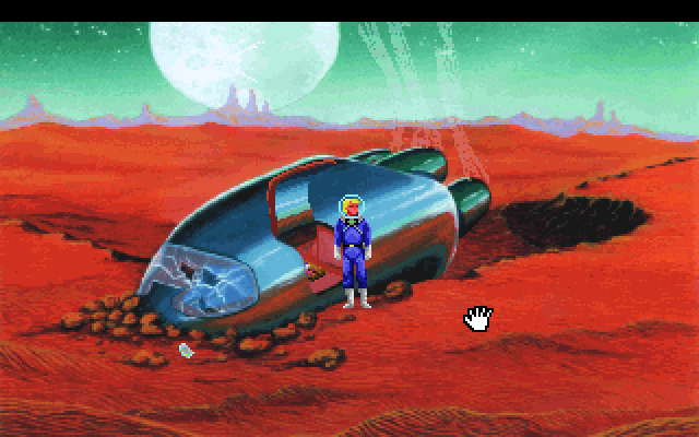 Space Quest I: Roger Wilco in the Sarien Encounter IBM PC/Compatibles Screenshot: Escape pod crash landing site.