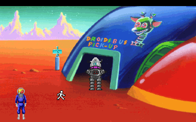 Space Quest I: Roger Wilco in the Sarien Encounter IBM PC/Compatibles Screenshot: Outside the Droid shop.